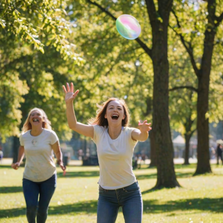 Blurry action shot of a woman playing frisbee with friends at a sunny park, laughter in the air as she leaps to catch the disc, with vibrant trees and a clear blue sky around.