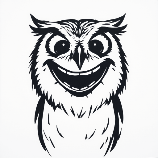 Abstract black and white acrylic portrait of an over exaggerated laughing (owl). Minimalism style. White background.