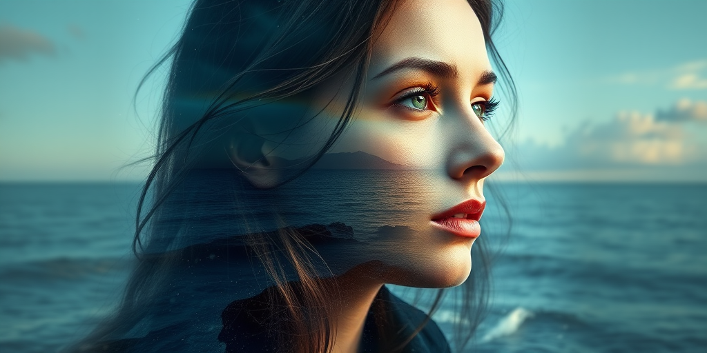 imagine Book cover, A surreal double exposure portrait that blends a woman's face with a beautiful seascape. The overall mood is dreamy and mystical, with rich colors and intricate details