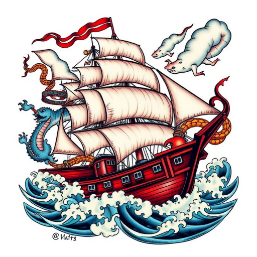Neo-traditional ship tattoo with bold outlines and vibrant colors, incorporating mythical sea creatures and stormy skies to create a dynamic and visually striking nautical scene