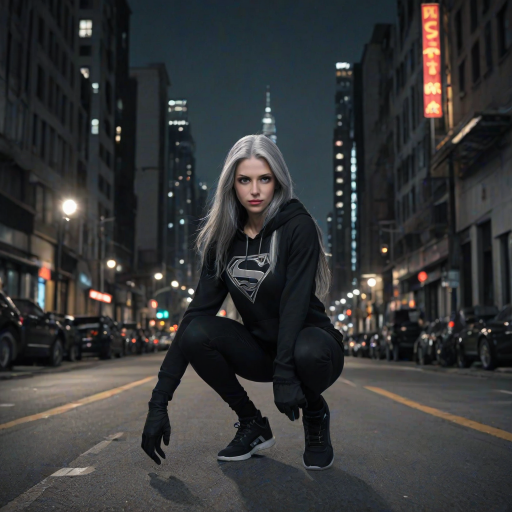 (long straight gray hair:1.2), (bright gray eyes:1.2), (Supergirl:1.2), (black hoodie:1.2), (hood up:1.2), (black half fingers gloves:1.2), (black tight pants:1.2), (black sneakers:1.2), 8k, professional photography, mesmerizing photo, intricate details, hyper realistic, (close shot:1.2), (city at night:1.5), (empty street:1.5), bleak tone, grim tone