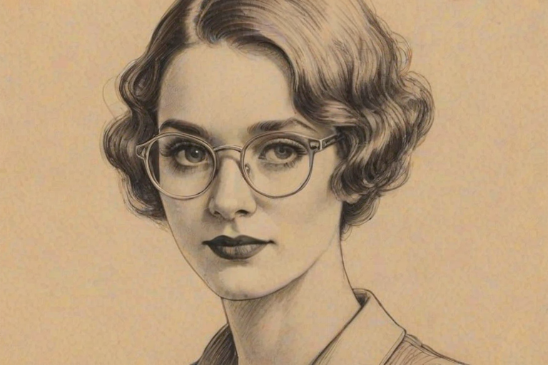Fetching Elle Duncan, pencil sketch, portrait of Comely woman 1925s in glasses, hair style beatnik, outline, clear lines, fine lines, 8k