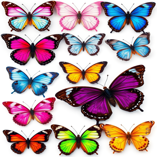 Generate an image of various colorful butterflies arranged in a grid pattern. Include different species with a variety of colors such as pink, blue, purple, and yellow. Ensure the butterflies are depicted realistically, showcasing their unique wing patterns and textures.