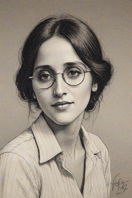 Attractive Joan Baez, pencil sketch, portrait of Dazzling woman 1928s in glasses, hair style beatnik, outline, clear lines, fine lines, 8k