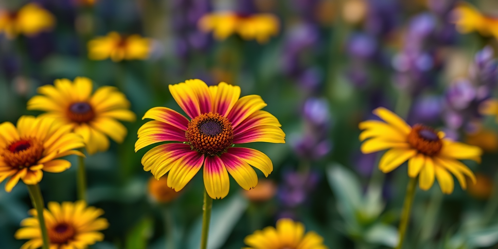 photograph of vibrant yellow and purple flowers in a garden, macro view, taken with a DSLR camera, aperture f/2.8, shutter speed 1/200s, ISO 100, natural lighting, focus on flowers with a blurred background for depth