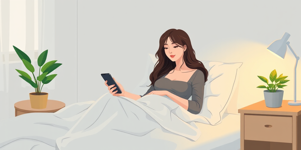 Create an illustration of a woman sitting comfortably in bed, holding a smartphone, with a green plant on her bedside table, in a cozy and inviting style, using a soft color palette, shot with a Canon EOS R5, 50mm lens, f/1.8 aperture, at a 45-degree angle to emphasize the warmth of the scene.
