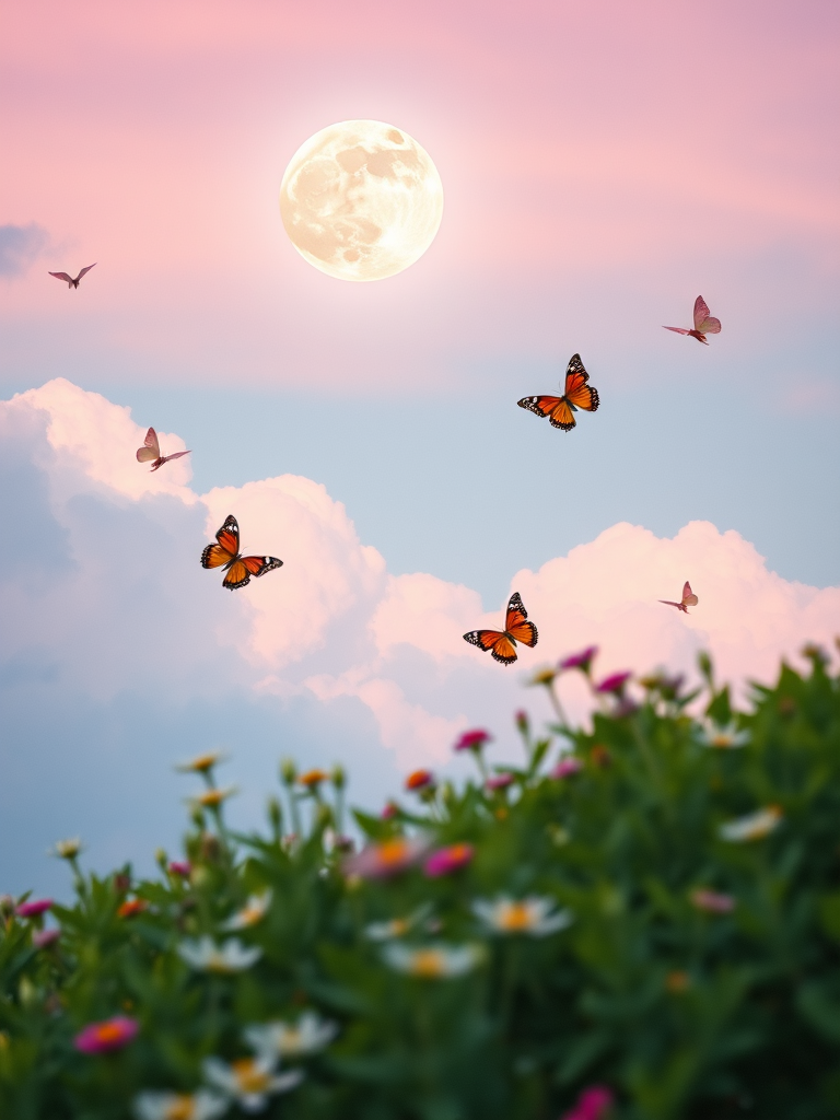 Create a serene scene of a pastel moonlit sky with soft, dreamy clouds, featuring colorful butterflies fluttering around, a lush green foreground with blooming flowers, captured with a DSLR camera at f/2.8, ISO 200, 50mm lens, shot in soft focus to emphasize the ethereal atmosphere.