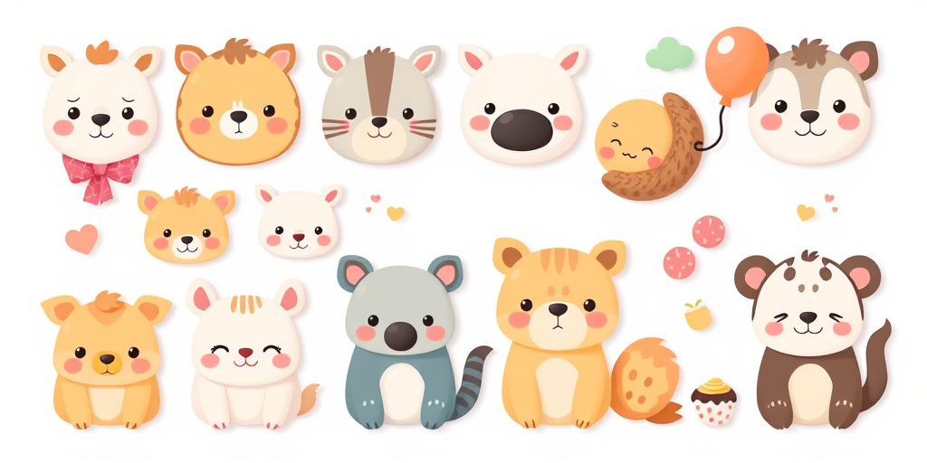 Create a grid of cute cartoon animals with various facial expressions and accessories in pastel colors on a white background include emotions like happiness sadness surprise and sleepiness add small items like balloons clouds and desserts in the design ensure a playful and whimsical style