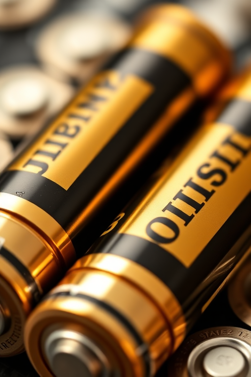 high-quality close-up of two AA batteries with a shiny gold and black finish, soft natural lighting, aperture f/2.8, shutter speed 1/125s, ISO 100, DSLR camera, shallow depth of field, vibrant color contrast