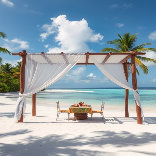 Create a picturesque tropical beach scene featuring a serene, white sandy shore. In the foreground, there's a rustic wooden canopy with white drapes gently flowing in the breeze. Underneath the canopy, a table is set with tropical decor, evoking a sense of relaxation and leisure. The beach extends into a calm, shallow water area with reflections of the sky and surroundings. Palm trees and lush greenery line the edge of the beach, providing a natural, tropical backdrop. The sky is clear with a few scattered clouds, and the overall atmosphere is tranquil and inviting, perfect for a peaceful retreat.