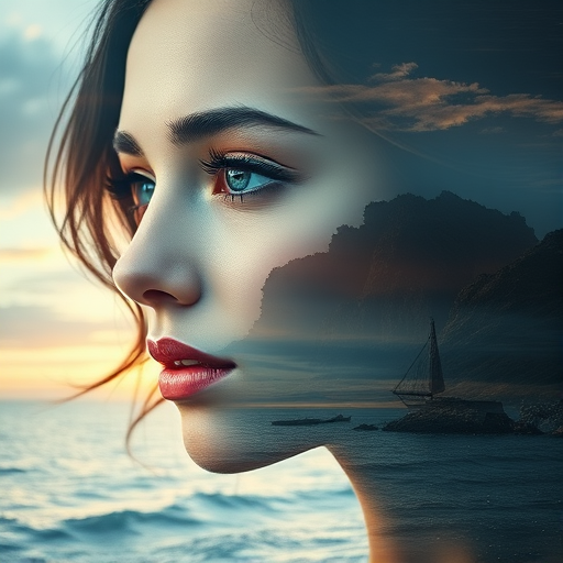 this picture is Book cover, A surreal double exposure portrait that blends a woman's face with a beautiful seascape. The overall mood is dreamy and mystical, with rich colors and intricate details