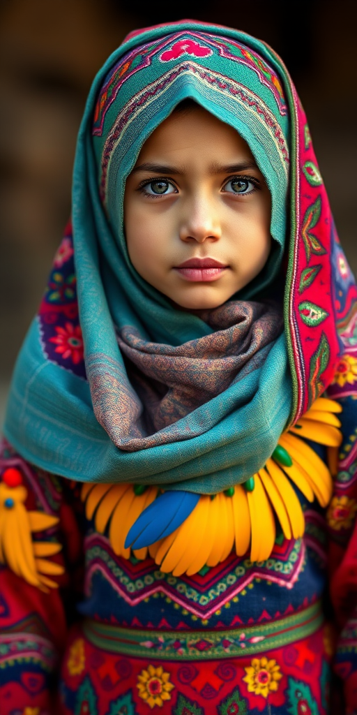 A beautiful Afghan girl, wearing colorful bird clothing with vibrant colors