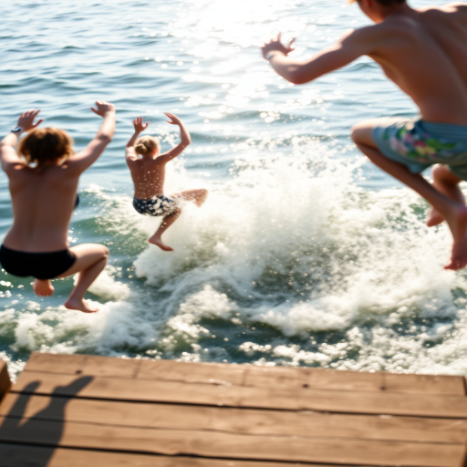 Blurry candid shot of a group of friends jumping into a lake from a wooden dock, water splashing in all directions, with soft sunlight reflecting off the surface.