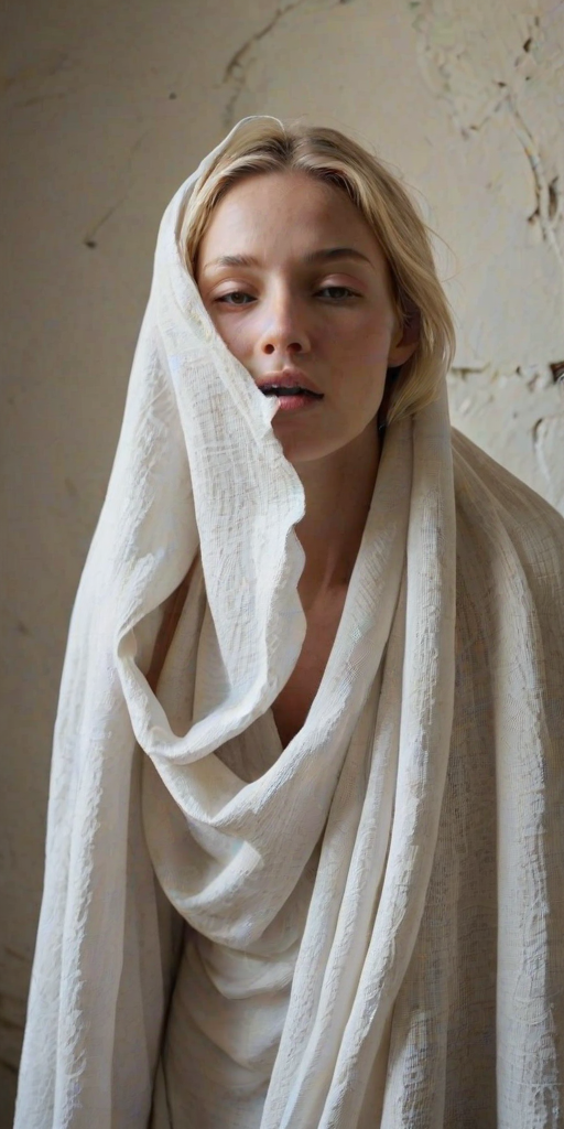 Create a close-up photographic image of the head and torso of a person with light skin tones shown against an old, worn wall. Their head is wrapped in a white cloth covering (i.e.... parts of the head except the nose and mouth, which are open as if they are screaming...), with a slight texture and visible folds in the fabric. Thin strands of blonde hair escape from the wrapping above, falling lightly at the top and sides. Their hands hold the fabric as if they are tugging nervously. The lighting is dramatic and even, casting strong shadows. The image has a minimalist and surreal style with an emphasis on simplicity with soft color tones. The composition is centered.