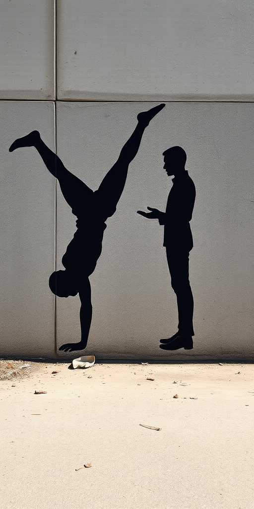 Create an image of a black silhouette mural depicting two figures, one performing a handstand and the other standing upright, set against a textured concrete wall with visible debris on the ground, captured with a DSLR camera, f/8 aperture, ISO 200, 24mm lens, using natural light for enhanced clarity and contrast.