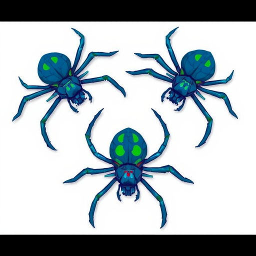 Create an illustration of three large, stylized blue spiders with green accents on a plain white background, using a DSLR camera with a 50mm lens, aperture set at f/2.8, ISO 100, and a slightly blurred background for emphasis on the spiders, shot in high-resolution to enhance clarity and detail.