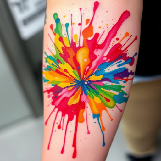 Watercolor splash tattoo called "Chromatic Explosion" featuring a burst of vibrant rainbow hues blending and bleeding together in a dynamic abstract pattern