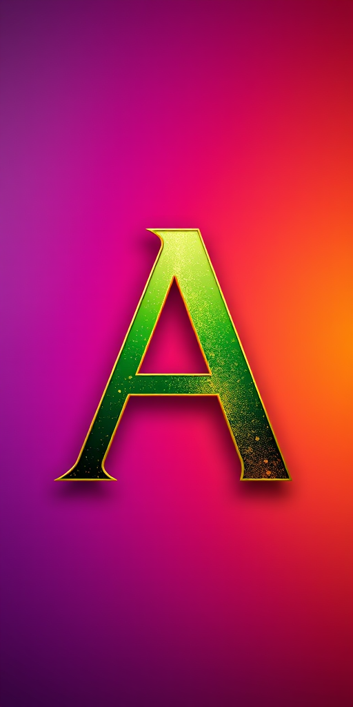 Create an image of a stylized letter "A" with vibrant colors of green and gold on a purple and orange gradient background, using a DSLR camera with a 50mm lens, f/1.8 aperture, ISO 100, shot in natural light from a top down view to enhance contrast and detail.