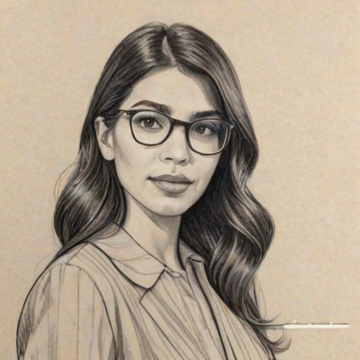 Superb Hannah Simone, pencil sketch, portrait of Graceful woman 1939s in glasses, hair style beatnik, outline, clear lines, fine lines, 8k