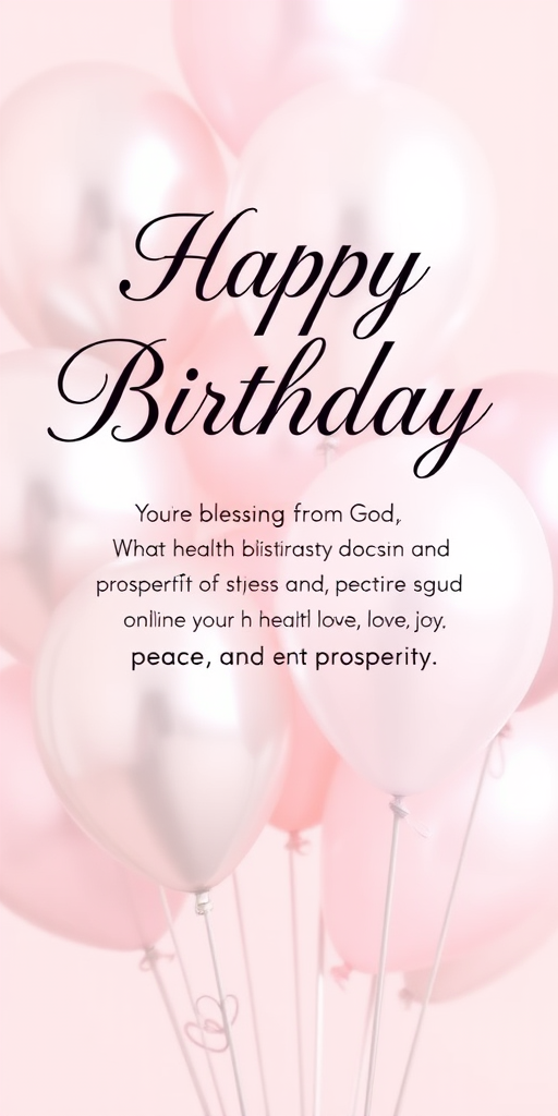 Create a birthday greeting card design with elegant typography that says Happy Birthday in a stylish font. Include a heartfelt message wishing the recipient blessings from God, emphasizing health, love, joy, peace, and prosperity. Use a soft color palette with silver and pastel balloons in the background to enhance the celebratory theme.