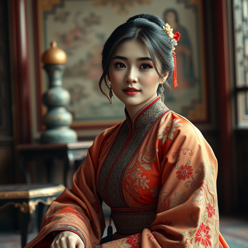 A beautiful Latino woman in traditional East Asian attire, intricately detailed with embroidered patterns, sitting gracefully in a richly decorated room, soft ambient lighting, serene and elegant, ultra-realistic, 8K resolution