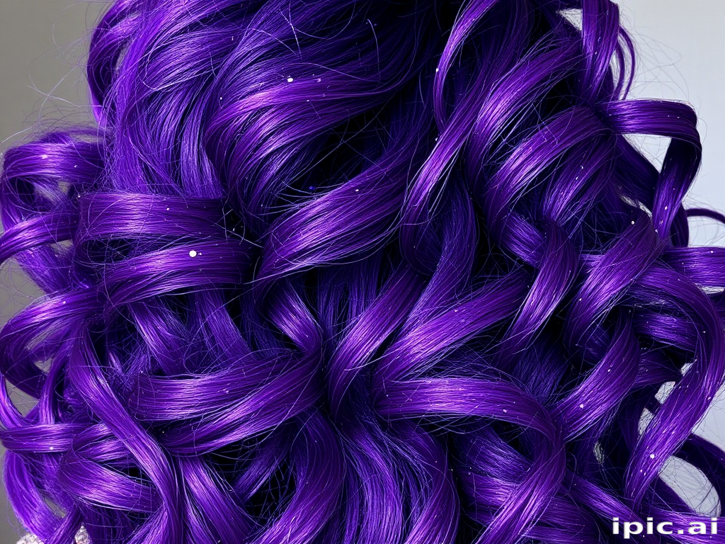 Deep purple hair with scattered holographic glitter throughout, styled in voluminous curls that catch the light and shimmer with every movement, creating a galactic allure called Cosmic Nebula
