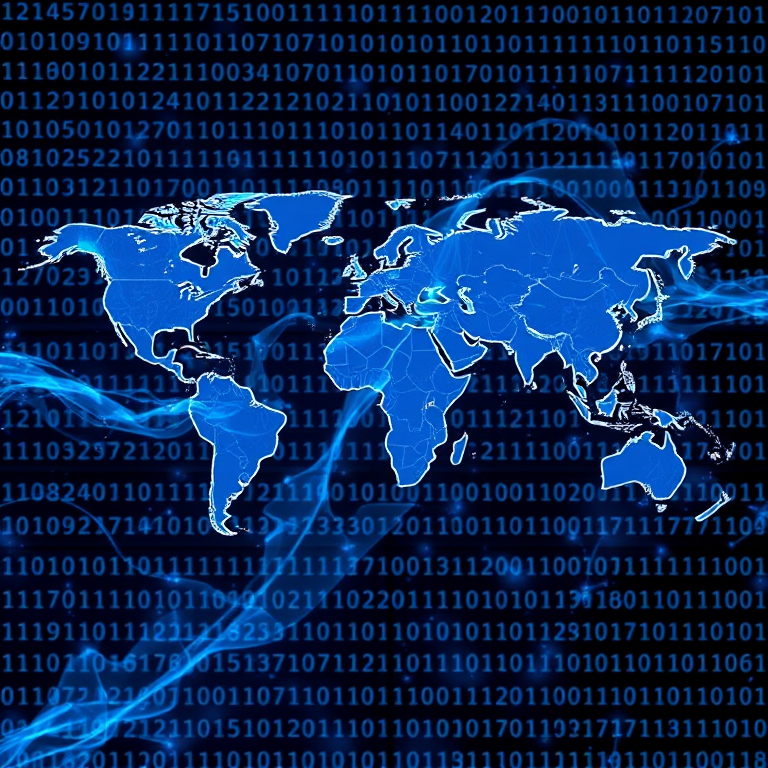 Create a digital illustration of a world map overlaid with flowing blue data streams against a binary code background, with a resolution of 300 DPI, shot using a DSLR camera with a wide-angle lens at f/8, in landscape view, with soft lighting and high dynamic range.