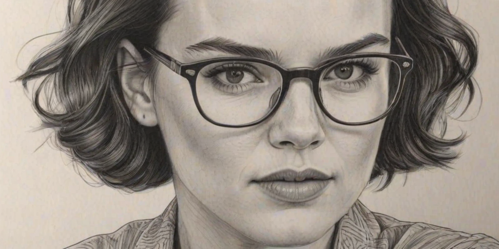Appealing Daisy Ridley, pencil sketch, portrait of Dazzling woman 1920s in glasses, hair style beatnik, outline, clear lines, fine lines, 8k