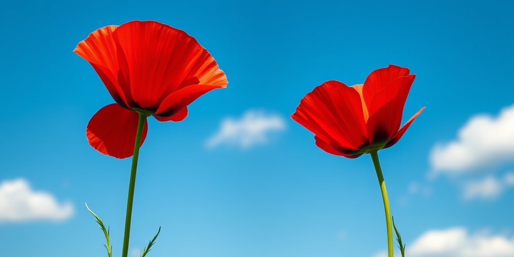 Create a digital illustration of two vibrant red poppy flowers against a clear blue sky with a few fluffy white clouds, focusing on a close-up view with high contrast and sharp detail, using a Canon EOS R5 with a 50mm f/1.2 lens, aperture set to f/2.0, ISO 100, and a shutter speed of 1/200s to enhance color saturation and clarity.