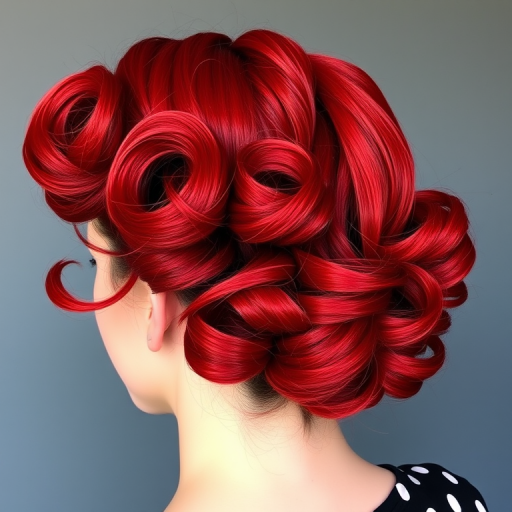 Rockabilly-inspired hair style revealing victory rolls and pin curls in a vibrant cherry red hue with subtle black lowlights