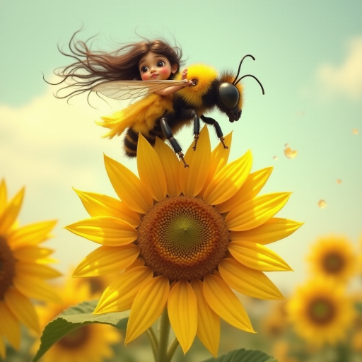a whimsical cute girl with big eyes, big hair and flowing dress, riding astride a bumble bee, and flying across the top of the sunflower, which are just waking up, and catching dew drop of rain