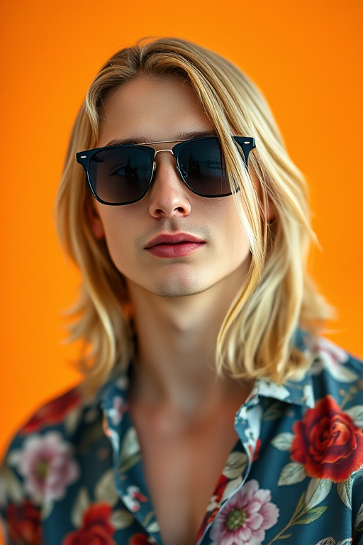 portrait of a young man with long blonde hair wearing a floral shirt and sunglasses, vibrant orange and yellow background, soft lighting, 35mm lens, f/2.8 aperture, ISO 100, natural light style, shallow depth of field
