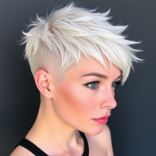 Striking platinum blonde pixie cut called "Frosted Stardust" features razor-sharp edges and textured layers, accented with holographic glitter for a futuristic celestial appearance