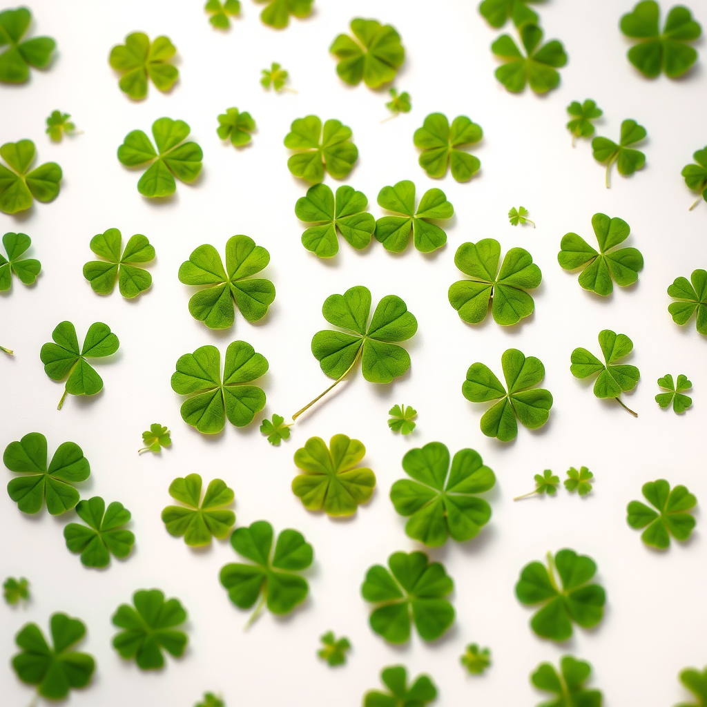 high-resolution illustration of randomly scattered four-leaf clovers on a white background, soft natural lighting, macro view, DSLR camera, f/2.8 aperture, ISO 100, shutter speed 1/200s, vibrant colors