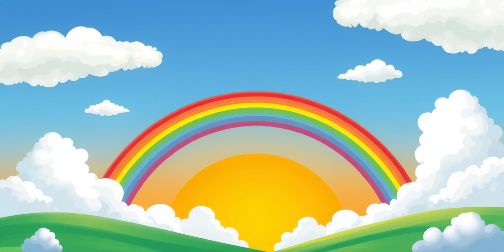 create a bright and cheerful landscape with a rainbow arching across a vibrant orange sky, surrounded by fluffy white clouds