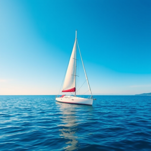 Create a vibrant illustration of a sailboat on calm waters under a clear blue sky, using a high-resolution vector style with sharp lines and bright colors; camera settings: ISO 100, f/8 aperture, 1/250 sec shutter speed; camera view: side view, camera style: high dynamic range, camera type: digital SLR.