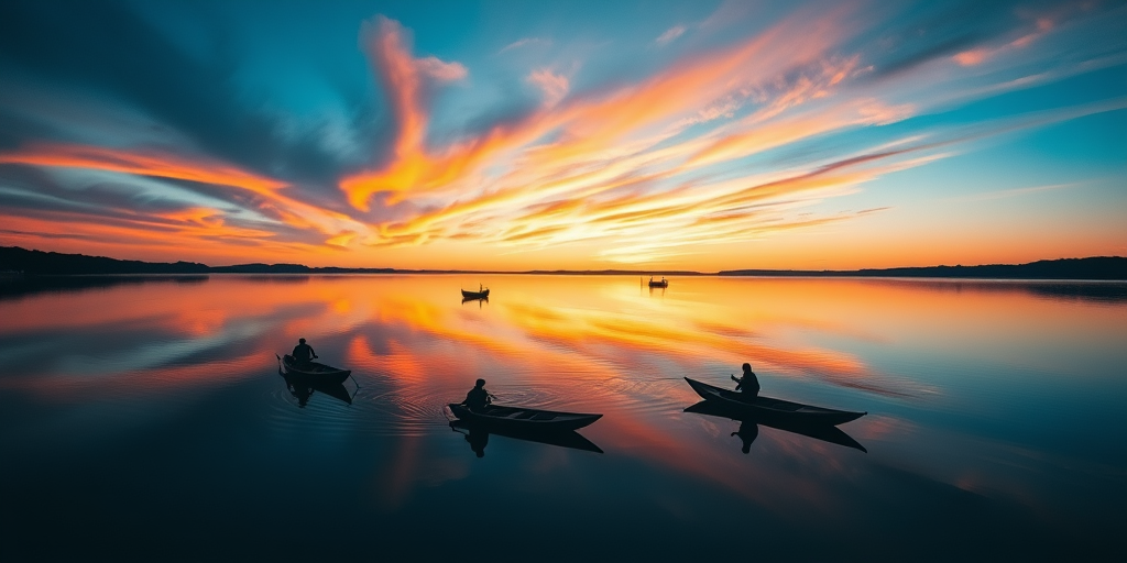 Capture a serene sunrise over a calm lake with silhouetted fishermen in boats, using a Canon EOS R5, ISO 100, aperture f/8, shutter speed 1/125s, shot from a low angle to emphasize reflections and vibrant cloud colors.