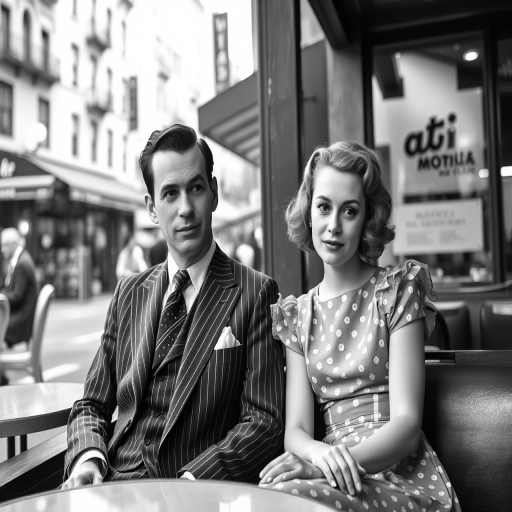 A 1940s-style black and white photograph of a well-dressed man in a pinstripe suit and a woman in a vintage dress, sitting in a retro cafe against an urban backdrop, shallow depth of field, f/2.8 aperture, 50mm lens, soft diffused lighting, high-resolution digital camera, capturing a candid moment with a warm and nostalgic atmosphere.