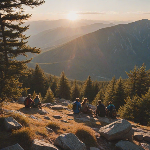 Blurry, candid photo of a group of hikers resting at a mountain overlook, distant peaks stretching into the horizon, soft light from the setting sun casting long shadows, and the sound of wind rustling through the trees.
