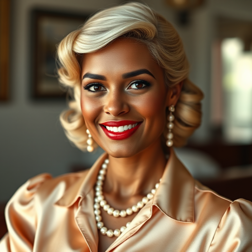 A beautiful Garifuna woman reminiscent of 1950s Hollywood glamour, with perfectly styled blonde hair and a seductive smile, dressed in a satin blouse and adorned with pearls, soft and warm tones, photorealistic, 8K