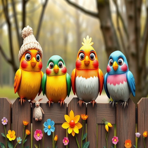 create a scene of 4 quirky  whimsical colourful comical birds each with a funny expression. they are sat on a wooden fence with colourful flowers. they are all different sizes. each one is a different colour  one is wearing a woolly hat. Each one has a different quirky google expression and there is a muted background of trees watercolour paintierly style high definition 8k resolution 3D paper mache