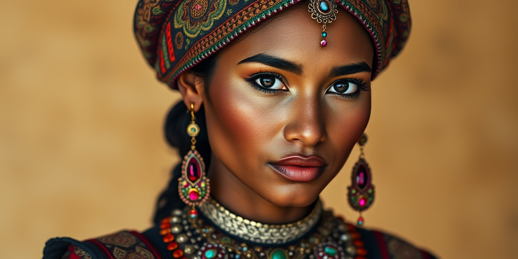 Create a portrait of a beautiful taino woman with striking black eyes and a gentle expression. She is adorned in traditional attire with intricate patterns, including a richly embroidered headscarf and matching garments. Her jewelry includes a delicate headpiece, dangling earrings, and ornate bracelets, all featuring vibrant gemstones and detailed metalwork. The background is soft and warm, enhancing the rich colors of her outfit and jewelry.
