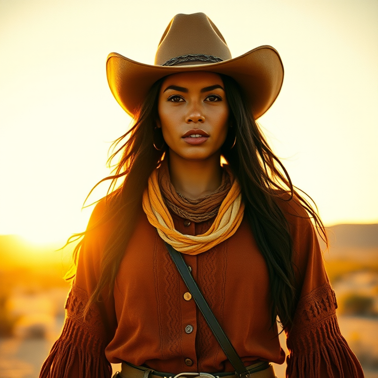 Dramatic photo of a beautiful taino woman, classic cowboy attire, confident and free spirit expression, half-length portrait, centered, golden hour desert landscape, warm, diffused light, low angle, medium format film camera, in style of Annie Leibovitz.