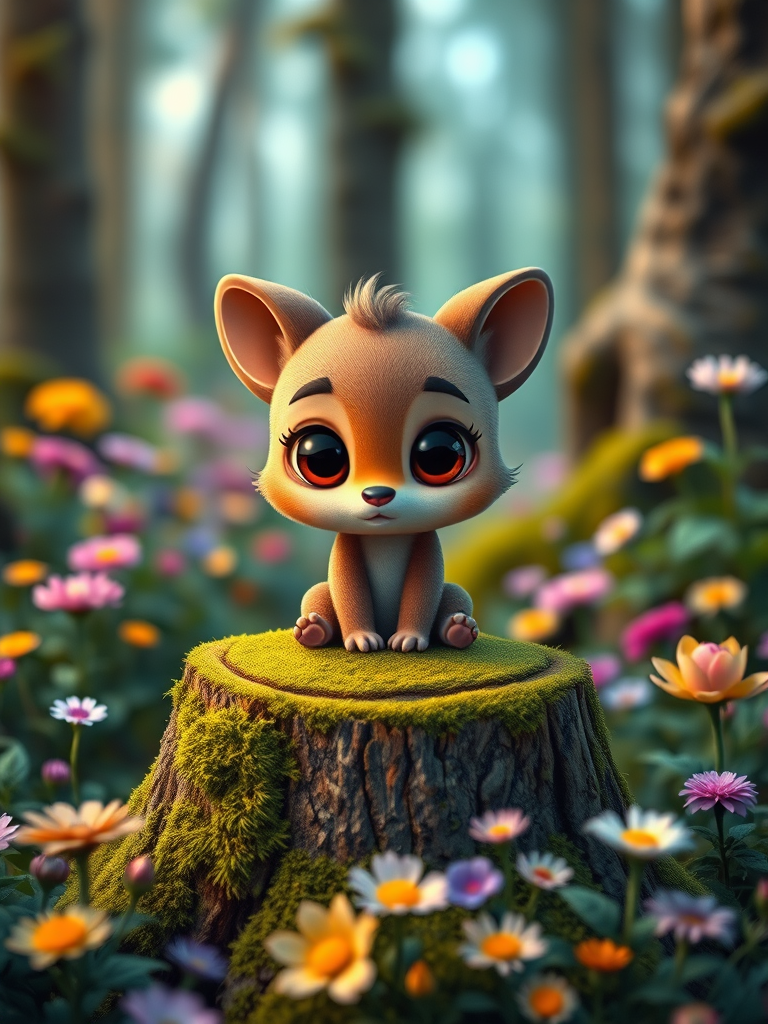 Cute cartoon animal character with large expressive eyes sitting on a moss-covered stump surrounded by colorful flowers in a mystical forest, soft focus, f/2.8, ISO 100, 50mm lens, DSLR, vibrant colors, high depth of field.