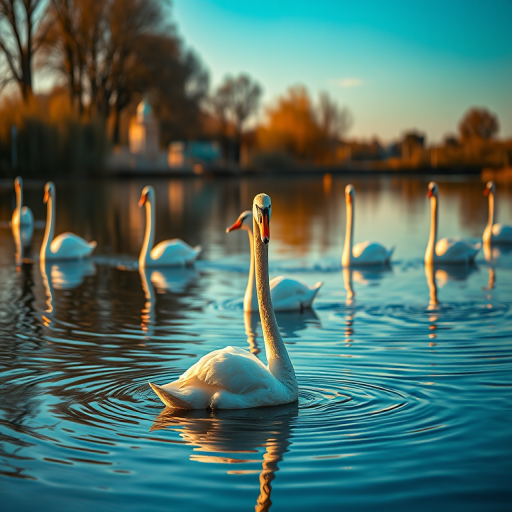 A serene scene of swans gliding on a calm pond at golden hour, capturing the reflections in the water, with a Canon EOS R5, 50mm f/1.2 lens, aperture f/2.8, shutter speed 1/200s, ISO 100, focus on the swan in the foreground while softly blurring the background for depth.