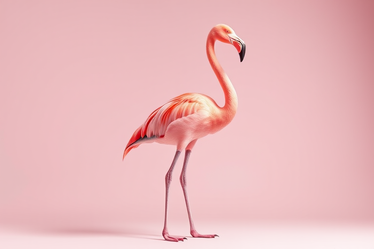 Create an illustration of a flamingo standing elegantly, featuring vibrant pink hues and subtle gradients for depth, using a DSLR camera with a 50mm lens, aperture set to f/2.8 for a blurred background, shot from a low angle to emphasize the height of the flamingo, and a bright, evenly lit studio setting.