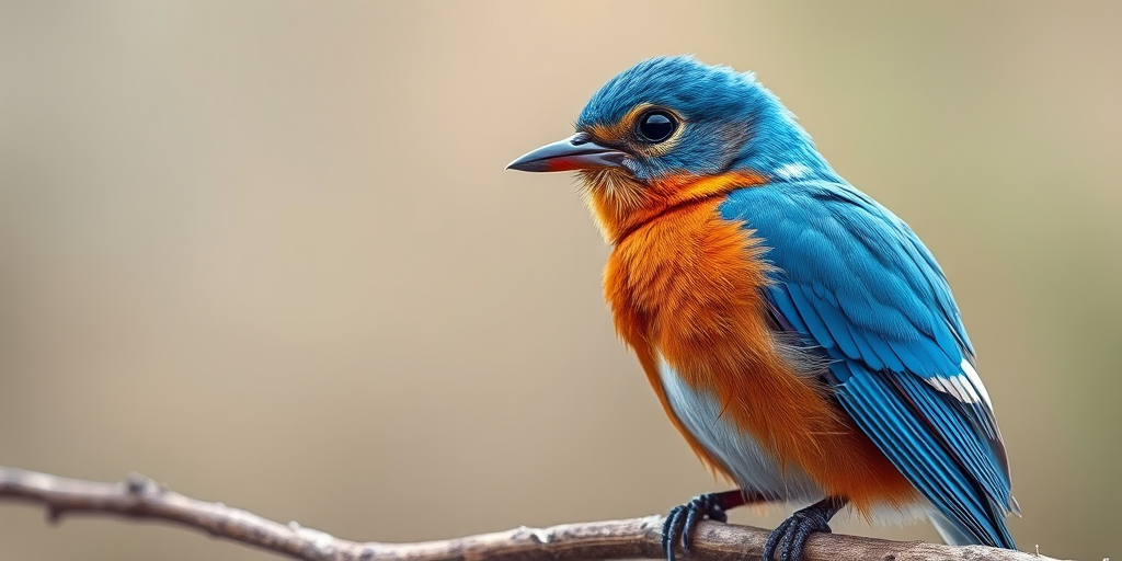 Regenerate a vividly colored illustration of a blue bird with striking features perched on a branch, using a macro lens, f/2.8 aperture, 50mm lens, and natural lighting to enhance detail and clarity.