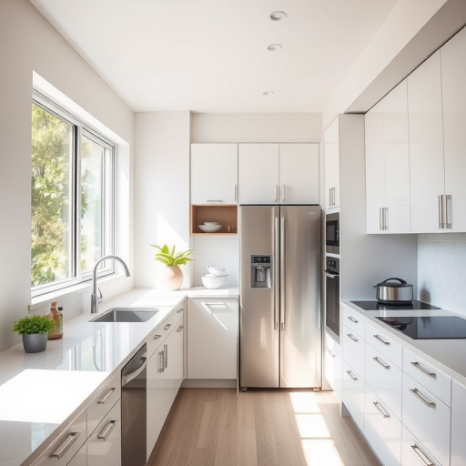 modern kitchen interior with sleek white cabinetry and built-in appliances, natural light streaming through windows with a view of greenery outside, taken with a Canon EOS R5, 24mm lens, f/4 aperture, ISO 100, shot at 1/125 sec, HDR style for enhanced details and colors