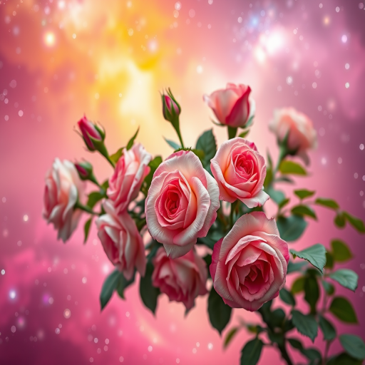 A vibrant cosmic background with a blend of pink, purple, and yellow hues, featuring lush, blooming roses in various stages of bloom intertwined with green leaves, captured with a Canon EOS R5, 50mm lens, f/2.8 aperture, ISO 100, soft focus style.