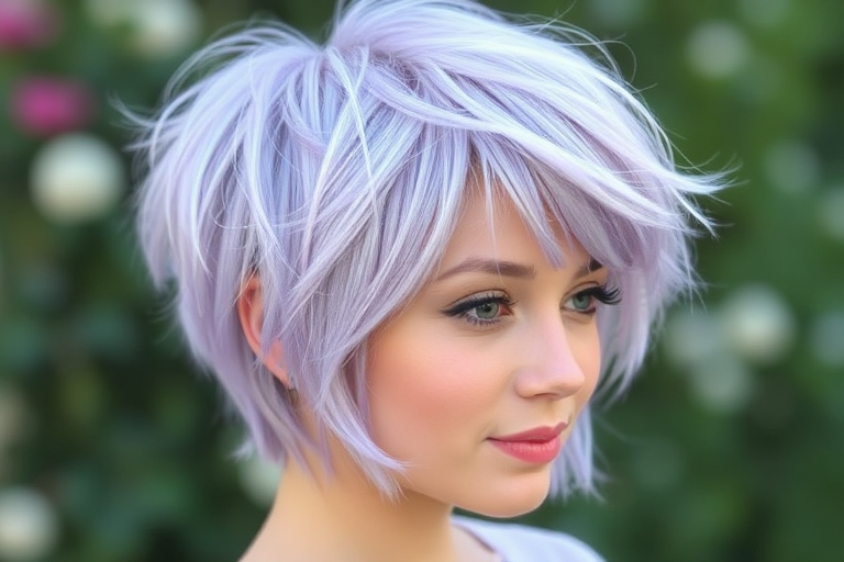 Pastel lavender pixie cut with soft, feathered layers and wispy bangs embodies the whimsical "Lilac Dream" style, incorporating delicate silver-white highlights that add a ethereal sheen to the textured crop, creating a fairytale-inspired look that exudes both playfulness and sophistication
